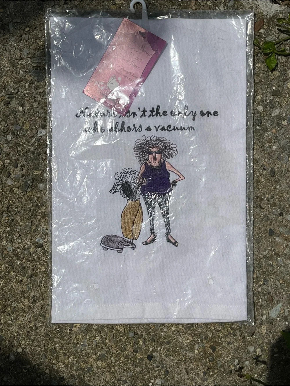 Embroidered Humorous Kitchen Towel - Woman with Vacuum